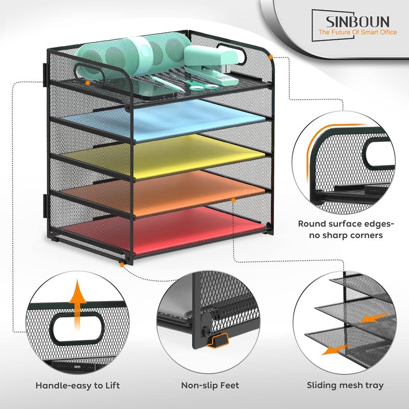 Sinboun Letter Tray Paper Organizer 5-Tier Desk Organizer File Organizer Paper Holder with Handle, Metal Desktop Document Shelf Tray Office Classroom Organization - Black - Image 3